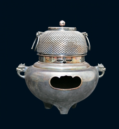 雾霰纹兽耳纯银风炉茶釜
