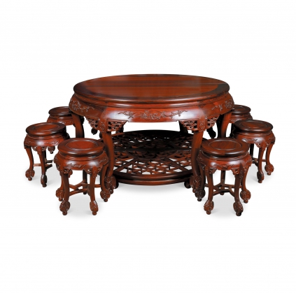 红木螭龙纹双拼大圆桌成套（一桌八凳）