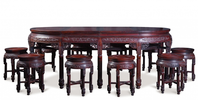 红木夔龙纹桌凳成套（一桌十凳）