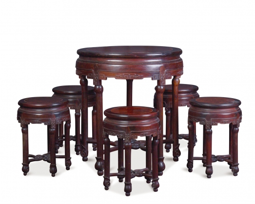 红木镶瘿木圆形茶台（一桌五凳）