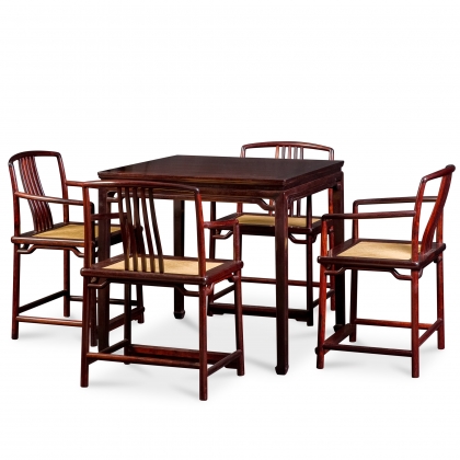 紫檀高罗锅枨方桌及梳背椅成套（一桌四椅）